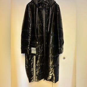 Glossy Black Hooded Puffer Coat ( not a down, polyester)